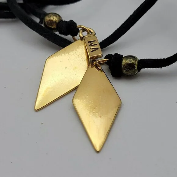 Vanessa Mooney Bolo Tassel Lariat Necklace Black Soft Leather Gold Plated New - Picture 2 of 6